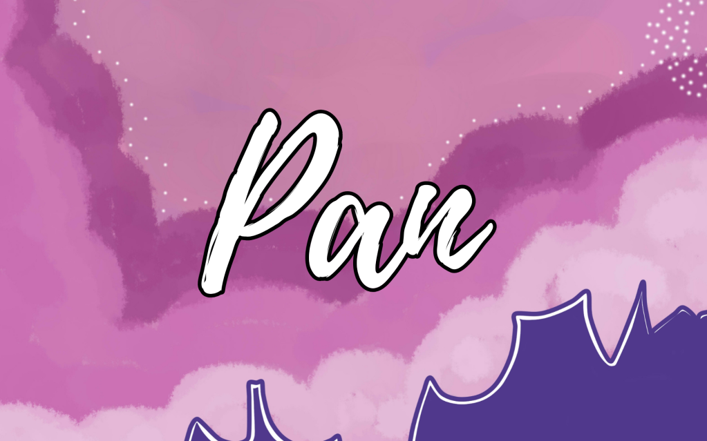 Texto de Pan sobre un fondo de nubes de colores rosa pastel 