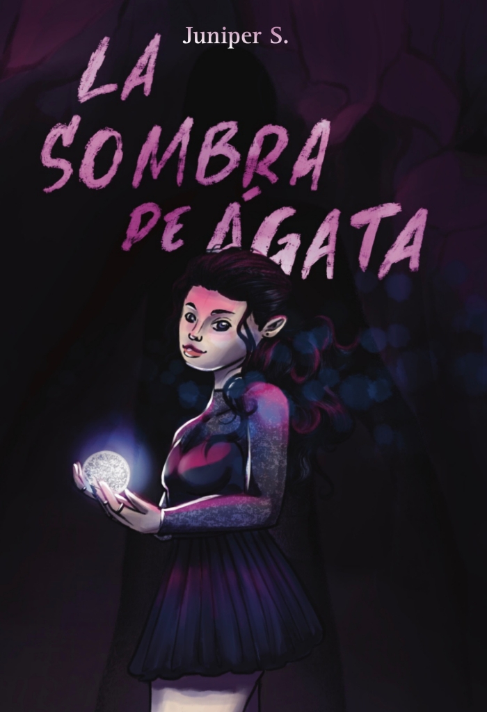 Cubierta con fondo de una cueva y texto que dice La sombra de Ágata. Hay una chica adolescente sosteniendo una esfera brillante que tiene una gran sombra humanoide detrás